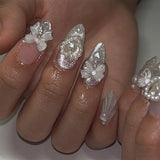 Popxstar 24pcs Sweet False Nail Patches Detachable Fake Nail Tips With Bowknots Love Heart Pearl Design Pink Almond Korean Press On Nail