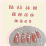 Popxstar  24Pcs Nude Pink Color Press On Nails Almond White French Tip Fake Nails Fairy Flower Printed Sweet Girls DIY Manicure Nails Art