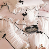 Popxstar Romantic Lace Princess Black Bow Bedding Set Pink Korean Style Duvet/Comforter Cover Set Bed Sheet/Fitted Sheet Pillowcases 4Pcs