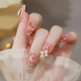 Popxstar 24Pcs Three-dimensional Love Heart False Nails with French Design Long Coffin Wearable Fake Nails Rhinestone Press on Nails Tips