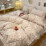 Popxstar  4Pcs Vintage French Fresh Floral Lace Ruffles 100% Cotton Bedding Set Duvet Cover Bed Skirt/Bed Sheet/Fitted Sheet Pillowcases