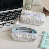 Popxstar Korean Lace Floral Pencil Case Portable Fabric Ruffle Stationery Organizer  Aesthetic Study Pen Bag for Students Back To School