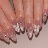 Popxstar  24pcs Simple Bow Almond Fake Nails Aurora White Datachable Full Cover Nail Tips Shiny Powder Design Short Press on False Nails