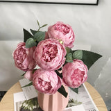 Popxstar 30cm Rose Pink Silk Bouquet Peony Artificial Flowers 5 Big Heads 4 Small Bud Bride Wedding Home Decoration Fake Flowers Faux