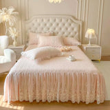 popxstar 4/6Pcs Pink Princess Wedding Lace Embroidery Korean Style Bedding Set King Queen Size Duvet Cover Bed Skirt Bedspread Pillowcase