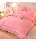 Popxstar Pink Princess Girls Ruffle Lace Bedding Sets Luxury Quilt Cover Bed Sheet and Pillowcases Soft Bedclothes Decor Home