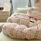 Popxstar INS Pink Green Lattice Stripe Bedding Set Plaid Duvet Cover Soft Microfiber Bed Linen Twin Full Queen Size Grid Home Textiles