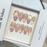 10Pcs Sweet Lovely Press on Nails Medium Almond False Nails Bowknot Pearl Nails Full Cover Glitter French Nail Cat Eye Fake Nail
