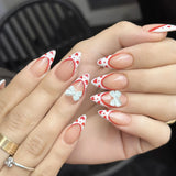 Popxstar 24pcs Sweet False Nail Patches Detachable Fake Nail Tips With Bowknots Love Heart Pearl Design Pink Almond Korean Press On Nail