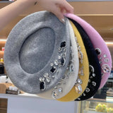 Popxstar French Beret Thick Rhinestone Decor Brimless Thermal Decor Wool Artist French Style Painter Hat Women Headwear