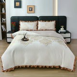 Popxstar  4Pcs Knitted Cotton Soft Luxury Bedding Set Quilted Ruffles Duvet Cover Set Bed Sheet Pillowcases Queen King Size