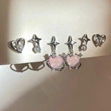 Popxstar 6pcs/set Women Silver Color Y2K Pink Crystal Heart Stud Earring Korean Trendy Punk Sweet Cool Bow Star Earring Aesthetic Jewelry