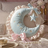 popxstar Creative Lolita Moon Cushion Girls Bedroom Decorative Pillow Lace Ruffle Bow Decorative Moon Shape Back Cushion Seat Cushion
