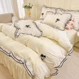 Popxstar Kawaii Seersucker Bedding Set For Girls Princess Bow Ruffle Lace Bed Skirt Skin-Friendly Solid Color Duvet Cover Sets Queen King