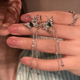 Popxstar New Green Zircon Silver Color Butterfly Long Tassel Earrings for Women Fashionable Daily Accessory Party Jewelry Birthday Gifts