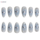 Popxstar  Y2K Girls Almond Fake Nails Gradient Blue Press on Nail Star Printed Full Cover Wearable False Nails Tips for Women DIY Manicure