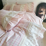 Popxstar  Vintage French Plaid Lace Ruffles 100% Cotton Bedding Set Duvet Cover Set Bed Sheet/Bed Skirt/Fitted Sheet Pillowcases 4Pcs