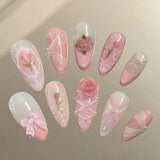 Popxstar 24pcs Sweet False Nail Patches Detachable Fake Nail Tips With Bowknots Love Heart Pearl Design Pink Almond Korean Press On Nail