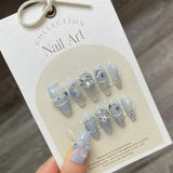 Popxstar 10Pcs Set Blue Handmade Press On Nails Snowflakes Ballet with Rhinestones False Nails Decoration Manicure Fake Nails Tips Art