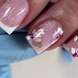 Popxstar 24pcs Glitter Short Square Fake Nails Sets Rhinestones French Design False Nail Tips Reusable Pink Press on Nails Tips Manicure