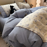 3/4Pcs Bedding Set Korean Lace Trim Purple 2-Seater Bed Down Duvet Cover Queen Sheets Bed Linen Cotton Full-Size Four-Season