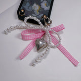 Popxstar Y2K Lattice Ribbon Bowknot Pearls Bag Pendant Charm Heart Keychain Elegant Beaded Keyring Sweet Key Chain Phone Key Bag Hangings