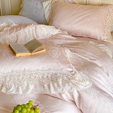 Popxstar  Vintage Jacquard Lace Ruffles Wedding Bedding Set Lyocell Cotton Soft Silky Duvet Cover Set Bed Sheet Fitted Sheet Pillowcases