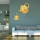 Popxstar  3D DIY Teapot Shape Wall Clock Acrylic Mirror Clock Modern Kitchen Home Decor Wall Sticker Hollow Digital Clock watch home clock