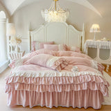 Popxstar  Romantic Three Layer Lace Ruffles Velvet Winter Warm Thickened Princess Bedding Set Duvet Cover Bed Skirt Pillowcases 4Pcs