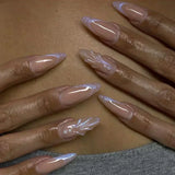 Popxstar 24pcs Silver Almond False Nails Oval Decorated Cloud Milk Wearable Fake Nails Short Press On Nail Coffin Detachable French Tips