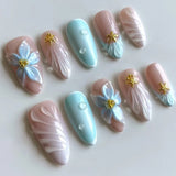 Popxstar 24Pcs Pink Almond False Nails Butterfly Ballet with French Design Wearable Fake Nails Simple Artificial Press on Nails Tips Art