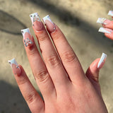 Popxstar 24Pcs Cute Pink French Fake Nails with Glue Long Ballet False Nail Bow Pearl Design Press on Nails Wearable Coffin Manicure Tips