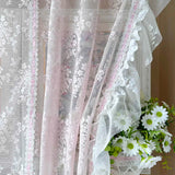 popxstar Korean Romantic Pink Flower Ruffled Lace Small Curtain Pink Tie up Adjustable Sheer Window Drapes For Living Room and Bedroom