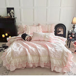 Popxstar  Rose Embossing Quilted Duvet Cover Set Vintage Lace Ruffles Pure Cotton Bedding Set Bed Sheet/Bed Skirt/Fitted Sheet Pillowcases