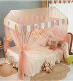 New Princess Style Small House Mosquito Net with Bracket for Girls 4 Doors Lace Canopy Bedroom Decoration
