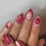 Popxstar  24pcs Flower Fashion Press on Nails Sets Pearl Red Almond Fake Nail Short Oval False Nails Wearable French Full Cover Nail Tips