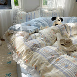 Popxstar Blue Floral Ruffle Duvet Cover Set Queen Flower Leaf Comforter Covers 4Pcs Soft Luxury Pastoral Garden Washed Cotton Bedding Set