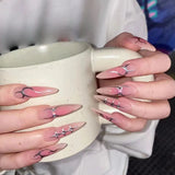 Popxstar  24Pcs Blush Pink Fake Nails with Silver Flame Designs Long Stiletto Press On Nails Spicy Girls Halloween Party Charm Manicure