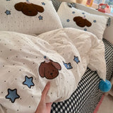 3/4Pcs Bedding Set Polka Dot Cartoon Puppy Checkered Sheet Boiled Cotton Bed Linen Kawaii Cotton Duvet Cover Set Full Size