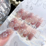 popxstar 24Pcs Mid-Length Fake Nails 3D Flower Pearl Designs Nude Pink Color Press on Nails Ballerina False Nails for Women DIY Manicure