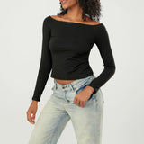 Popxstar Women's Off Shoulder Crop Tops Solid Color Long Sleeve Slim Fitted T Shirts Aesthetic Pullovers Going Out Basics Tee Blouses Y2k