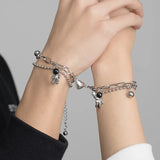 Popxstar Romantic Couple Bracelet for Women Men Beautiful Heart Magnet Astronaut Double Layer Chain Bracelet Trendy Lover Jewelry Gifts