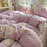 3/4Pcs Korean Style Princess Lace Ruffles Skin-friendly Soft Flowers Embroidery Bedding Set Duvet Cover Bed Sheet Pillowcases