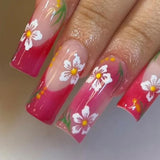 Popxstar 24 sweet cherry blossom red printed coffin full cover fake nails, French white, suitable for women's daily wear, 1 nail file and