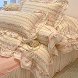 Popxstar 2/3Pc Korean Princess Style Floral Ruffles Bedding Set Single Queen Size Soft Skin-friendly Washed Cotton Duvet Cover Pillowcase