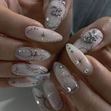 Popxstar 24pcs Silver Almond False Nails Oval Decorated Cloud Milk Wearable Fake Nails Short Press On Nail Coffin Detachable French Tips