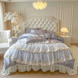 Popxstar  4/6Pcs Pink Butterfly Jacquard Three-layer Lace Ruffles Princess Wedding Bedding Set Duvet Cover Bed Skirt Bedspread Pillowcases