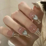 Popxstar 24Pcs Three-dimensional Love Heart False Nails with French Design Long Coffin Wearable Fake Nails Rhinestone Press on Nails Tips