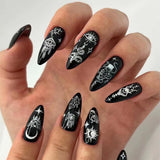popxstar French White Tips Almond False Nails Y2K Black Star Designs Charm Fake Nail Full Cover Ballet Press on Nails Artificial Manicure