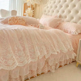 popxstar 4/6Pcs Pink Princess Wedding Lace Embroidery Korean Style Bedding Set King Queen Size Duvet Cover Bed Skirt Bedspread Pillowcase